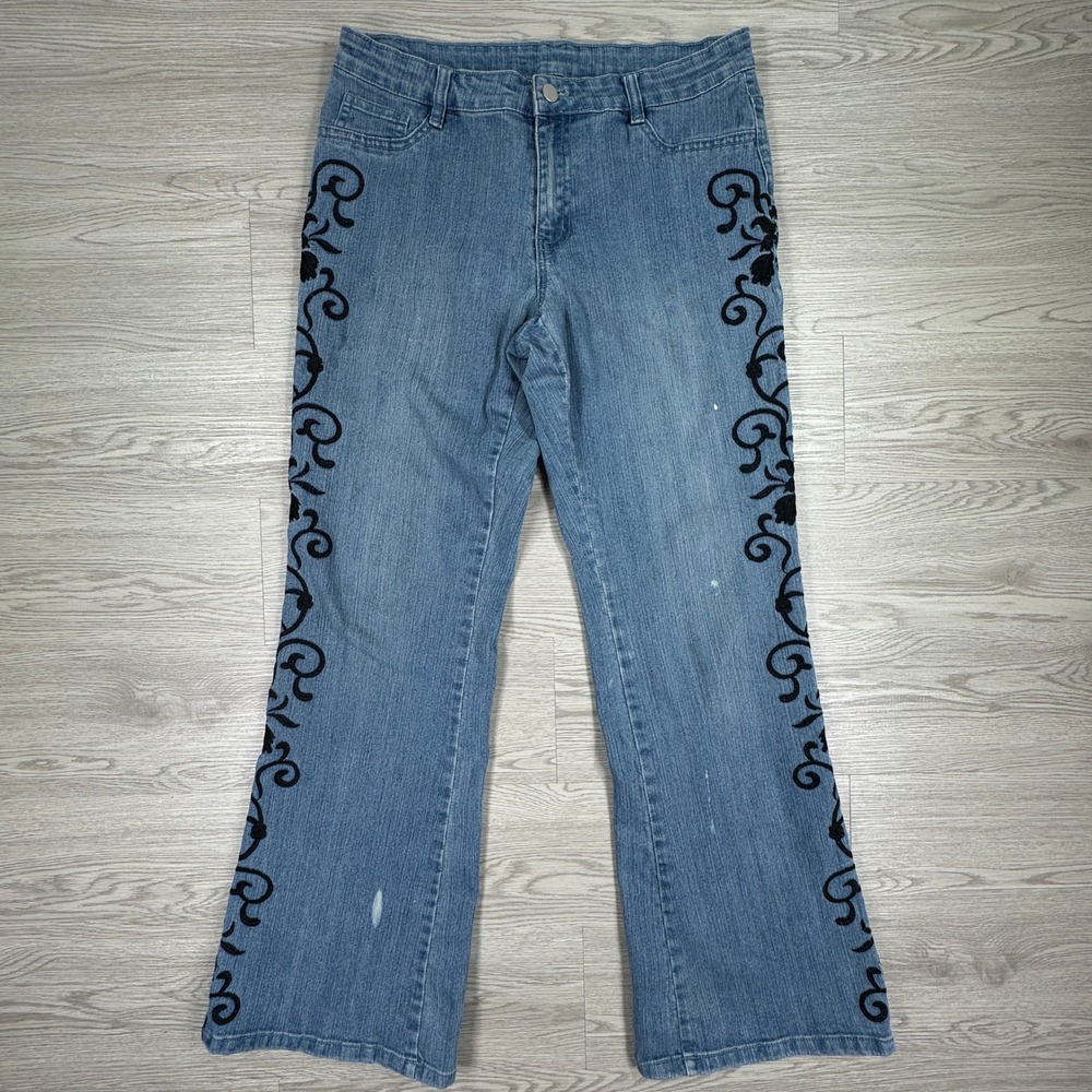 Boston Proper Womens Jeans Flare Blue 12 Embroidered Velvet Floral Boho Mid Rise